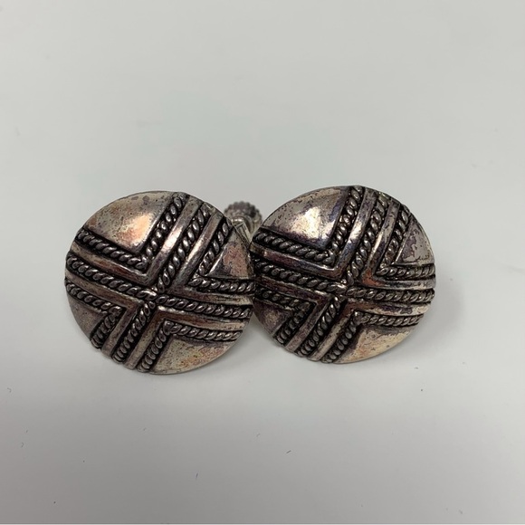 Vintage Silver Toned Screw Back Earrings Black Rope X Design - Picture 1 of 6
